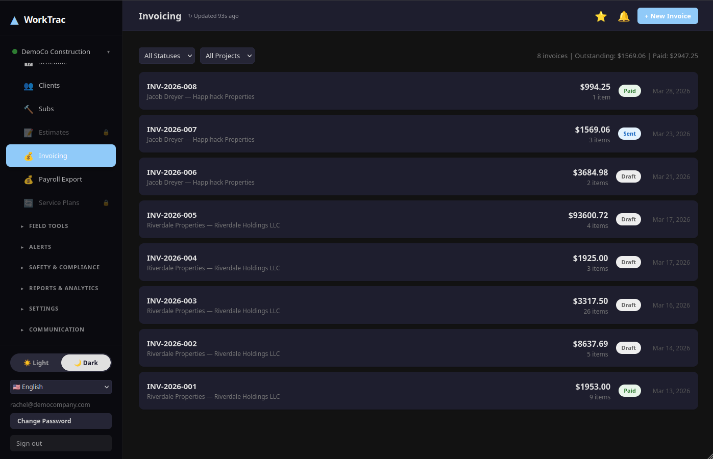 WorkTrac invoicing dashboard with line items billed from time entries