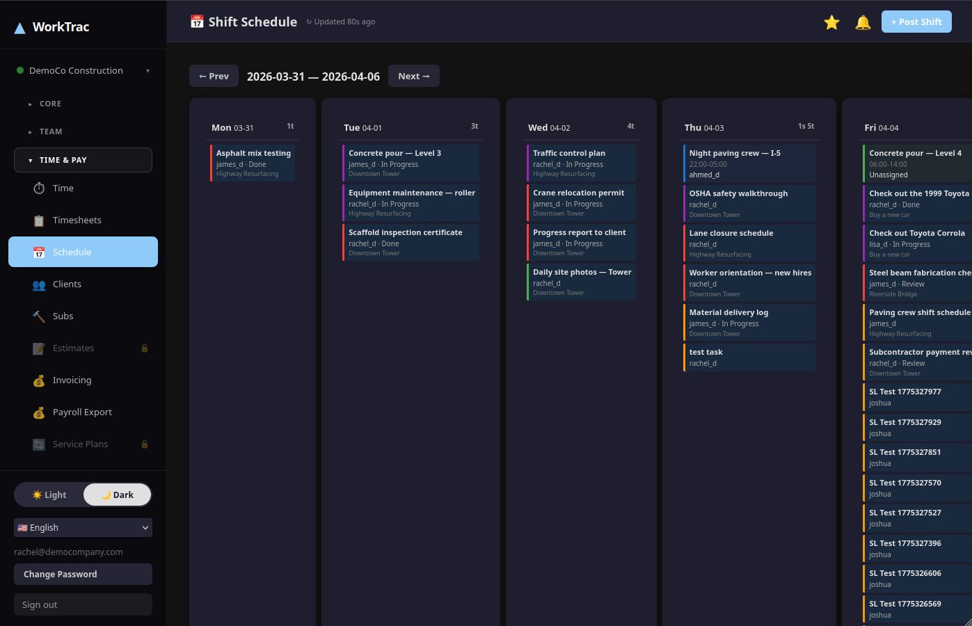 WorkTrac drag-and-drop shift scheduling with open shift marketplace for field crews