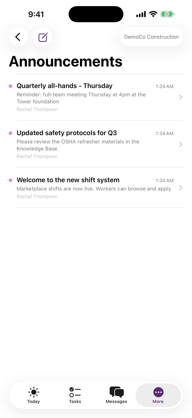 WorkTrac iOS Announcements list showing organization-wide broadcasts from managers with timestamps and read tracking