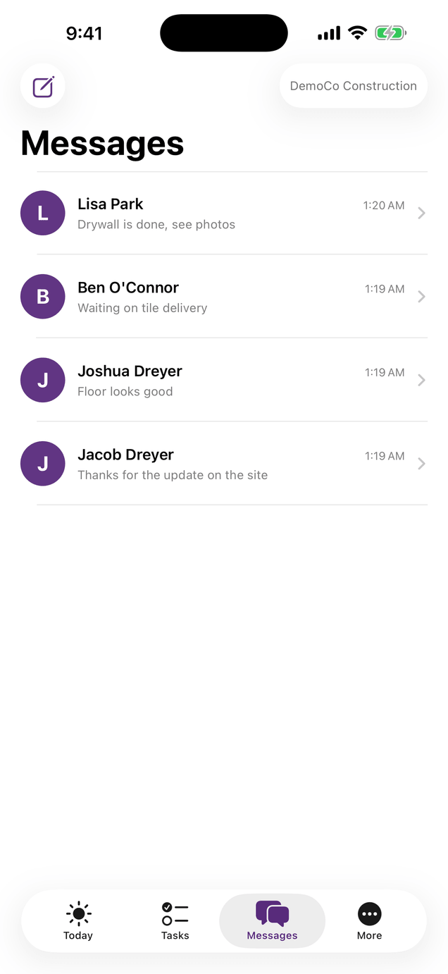 WorkTrac iOS Direct Messages screen showing private threads with crew members, avatars, last message previews, and timestamps