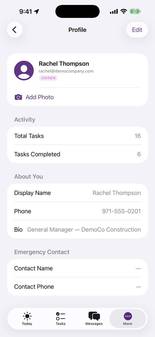 WorkTrac iOS Profile screen showing user identity, role pill, activity stats, and About You fields