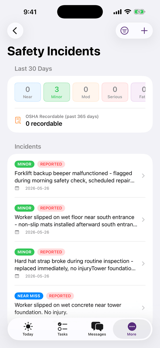 WorkTrac iOS Safety screen with OSHA incidents broken down by severity and recordable status