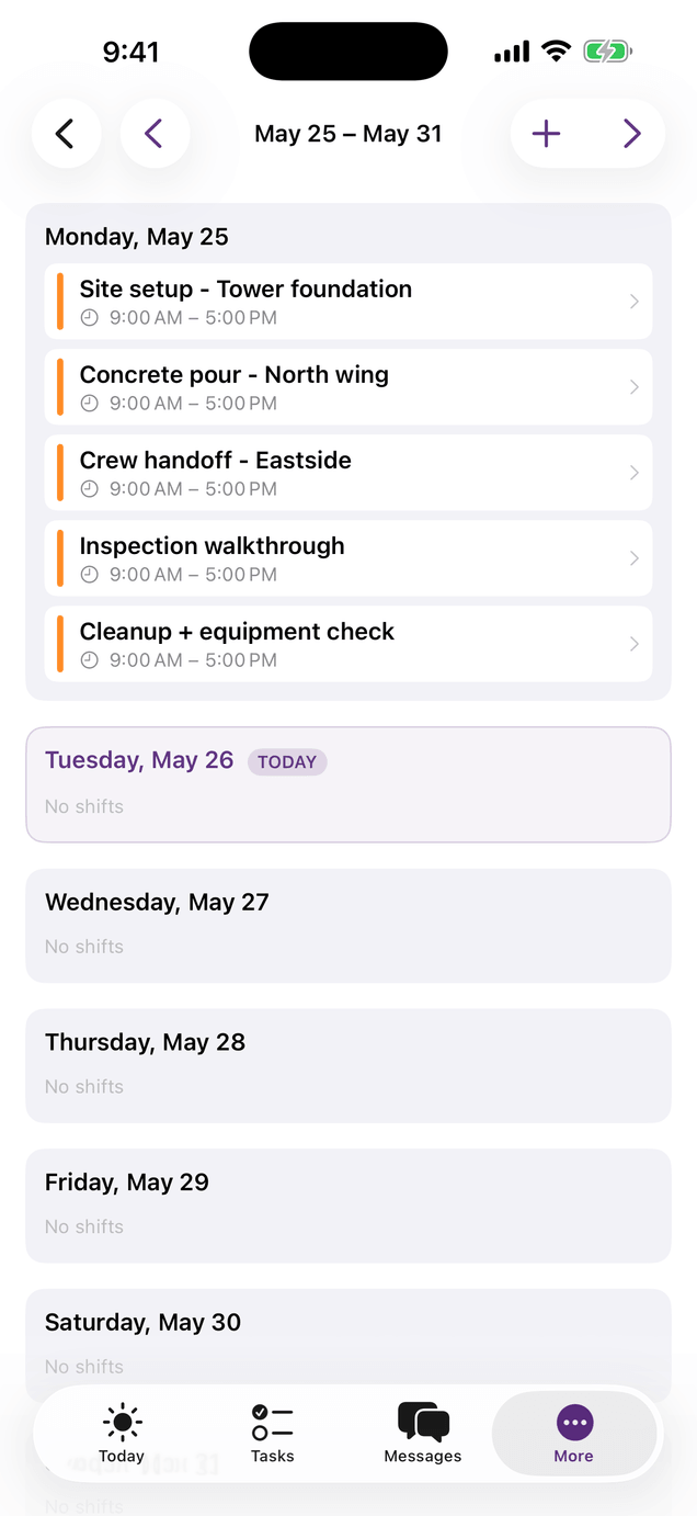 WorkTrac iOS Schedule screen showing weekly shift management with multiple shifts on a single day and TODAY badge