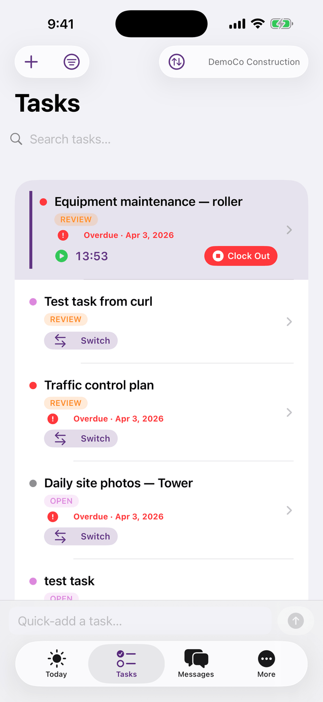 WorkTrac iOS Tasks screen with priority dots, status chips, due dates, and swipe-to-complete actions