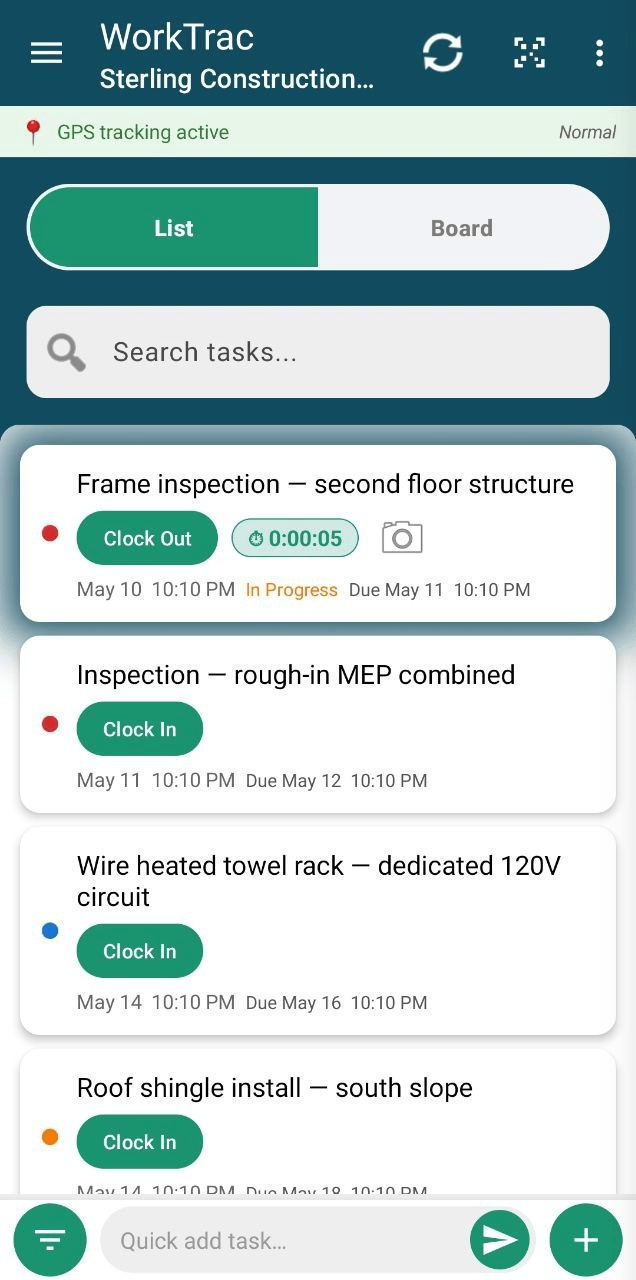 WorkTrac mobile task list showing GPS-verified clock-in, live timer, and active task indicator for a construction field crew member